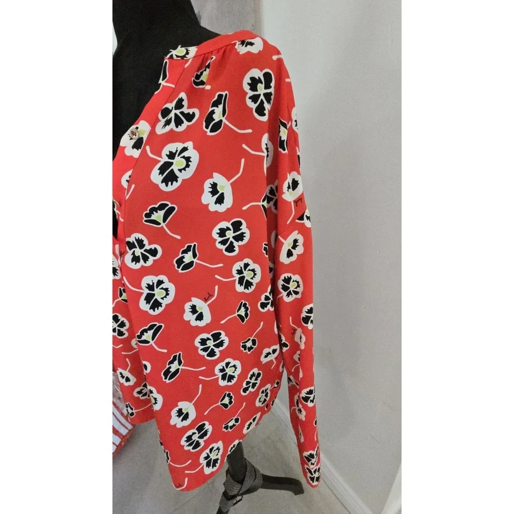 Juicy Couture Reddish Orange Black Floral Top 1/2 Button Pullover Women's SZ‎ L